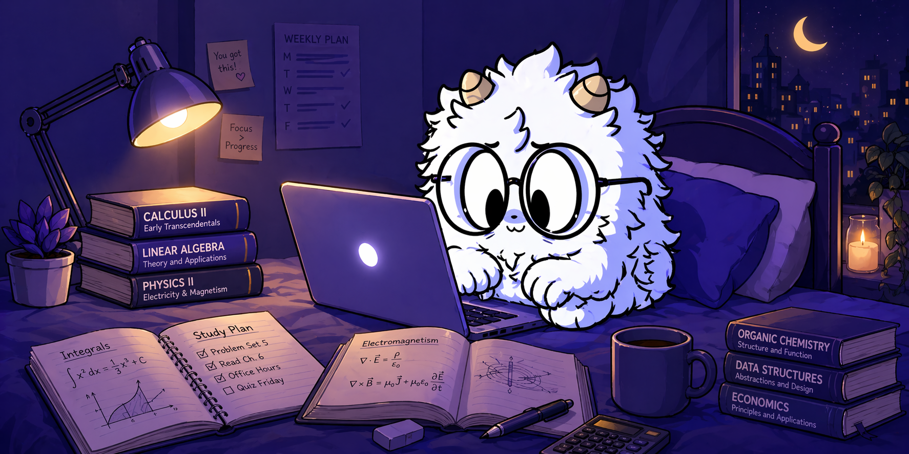 Maya, the Notalia mascot, studying at a desk late at night