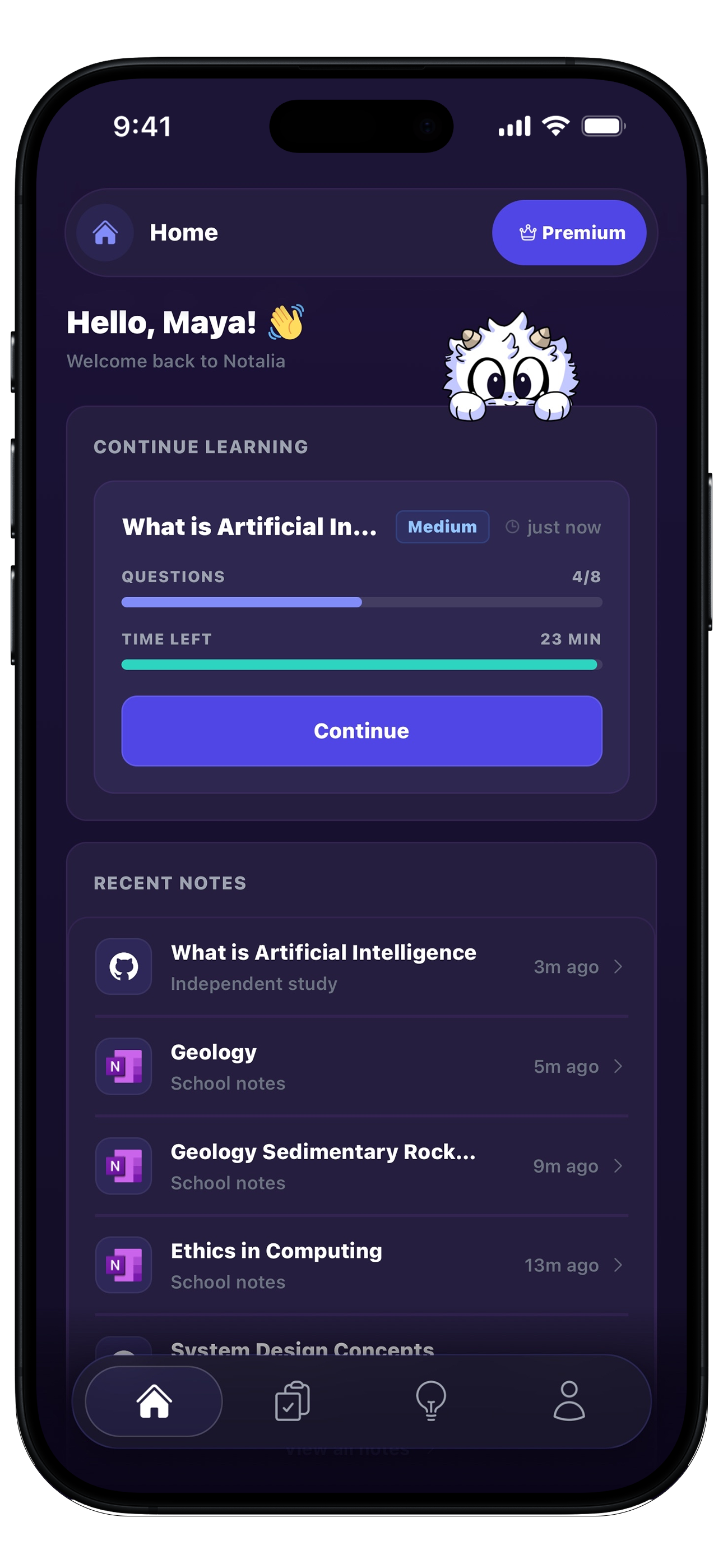 Notalia home screen